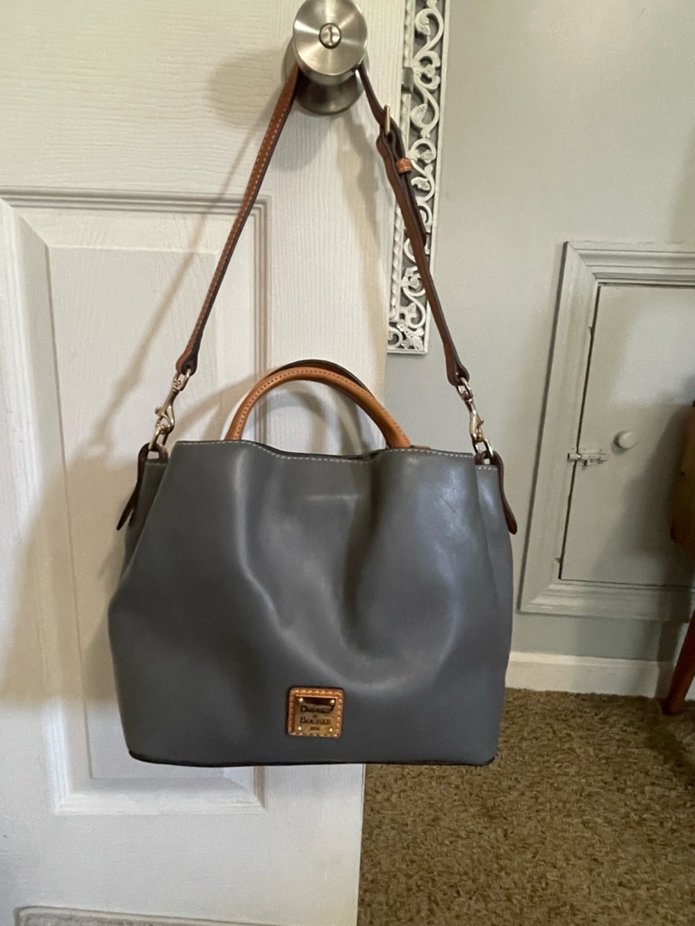 Dooney & Bourke Gray Leather Tote with Tan Handles